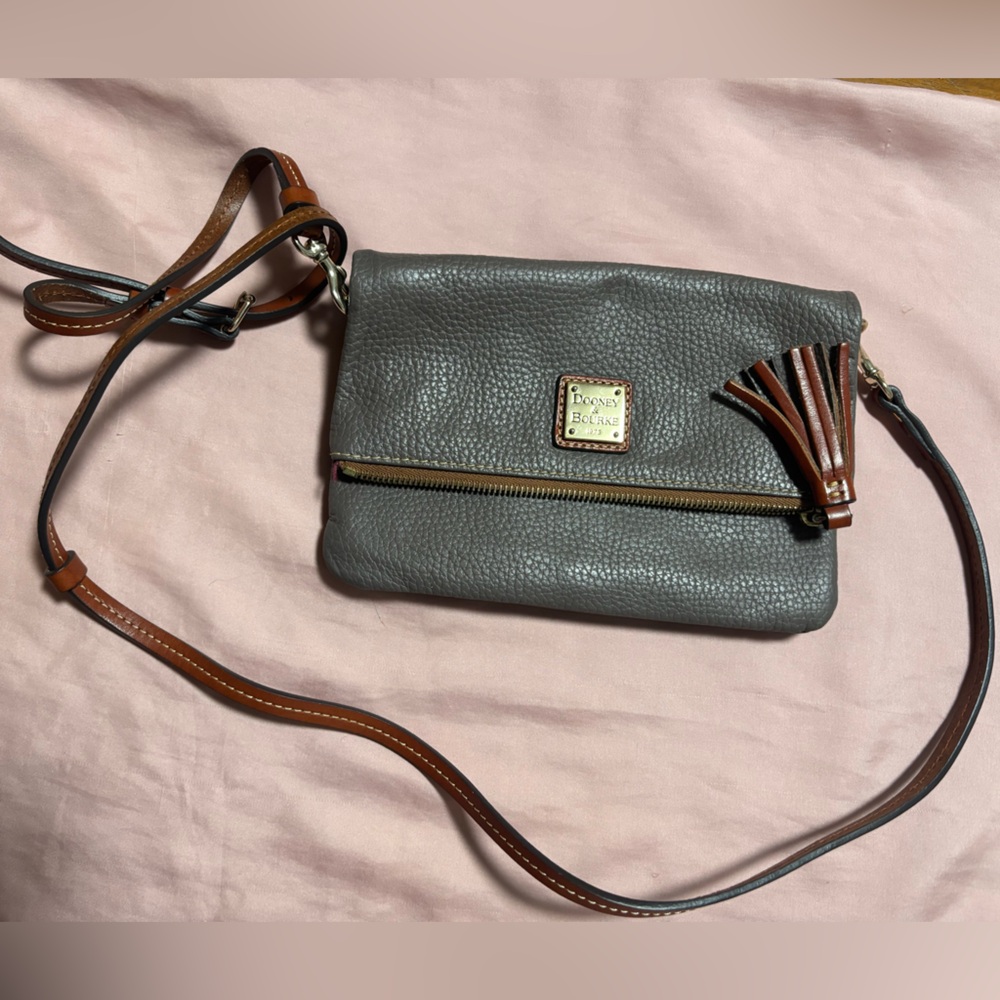 Dooney & Bourke pebble grey leather fold over crossbody